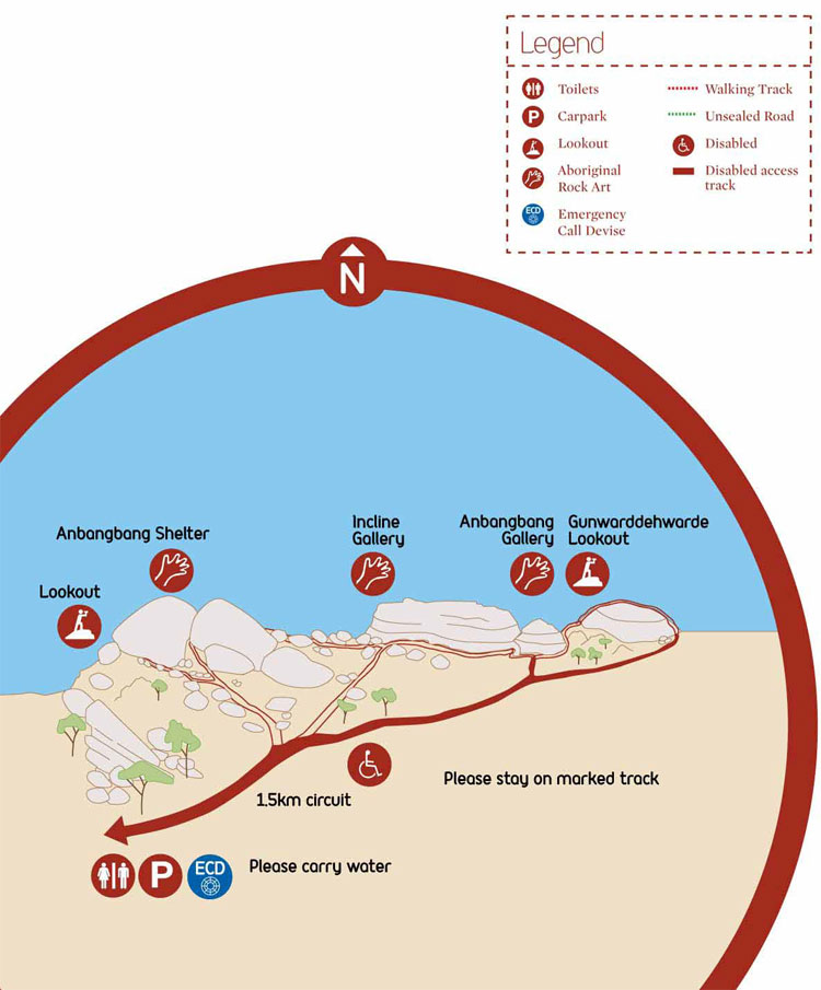 Map of the Nourlangie rock art site walks in Kakadu (Credits Parksaustralia)